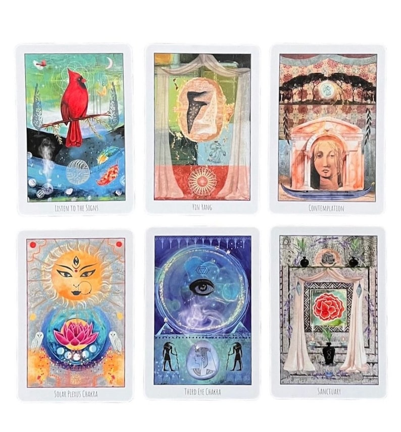 May include: Six tarot cards with white borders. The cards feature colorful illustrations with themes including a red bird, a yin yang symbol, a woman in a boat, a sun face, an eye in a sphere, and a red rose. Text on the cards includes "Listen to the Signs" and "Third Eye Chakra."