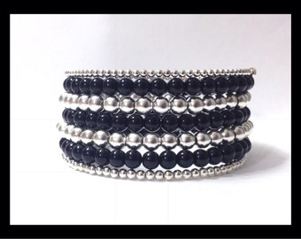 Beaded Wrap Bracelet, Glass Pearls and Silver Plated Metal beads