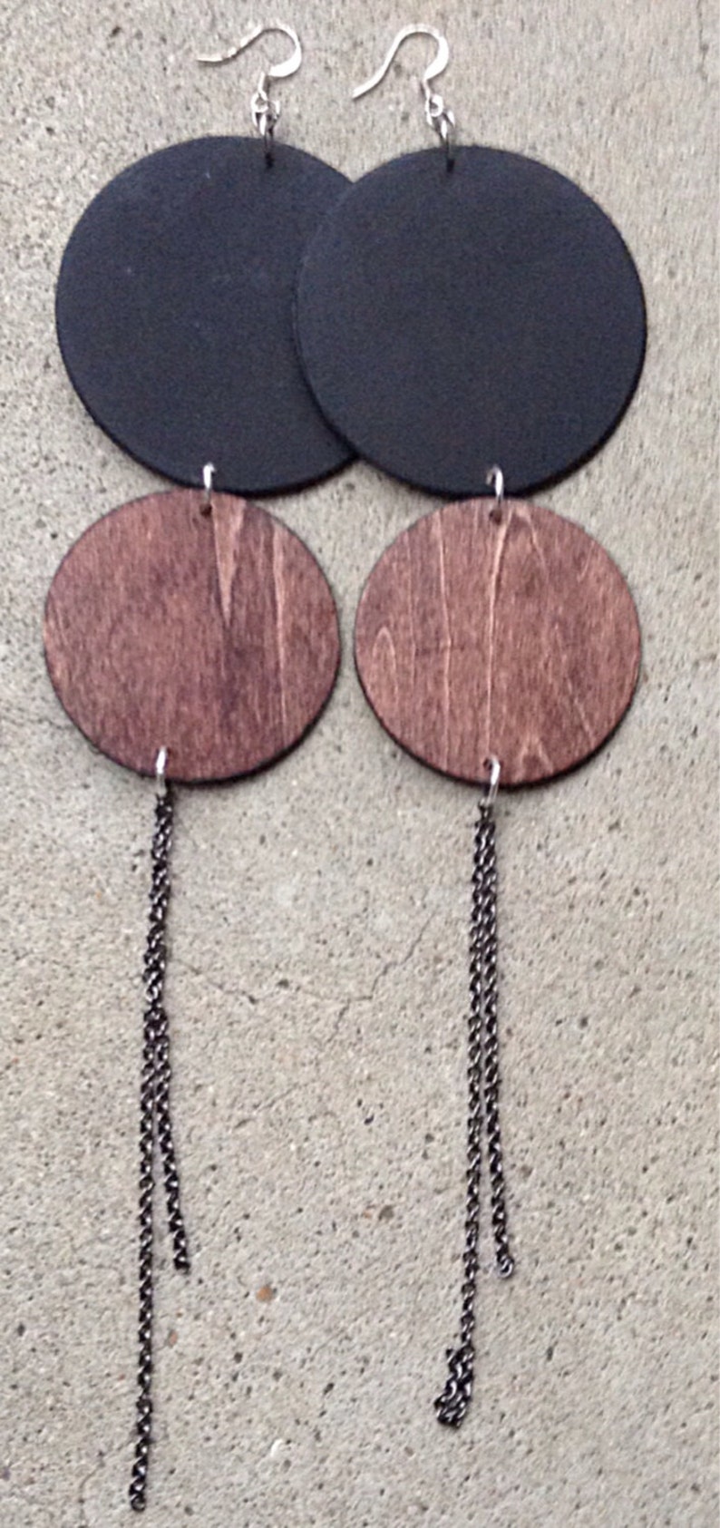 Black/mohagany Stained Wood Earrings W/chain Etsy