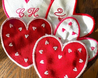 Embroidered Heart Shaped Cocktail Napkin. Personalized, valentines, galentines. Customized gift