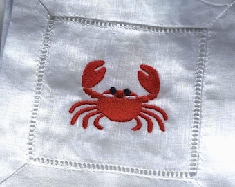 Embroidered Cocktail Napkin Set, White Linen Bar Napkins, Hostess Gift