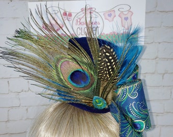 Peacock Feather Mini Top Hat: Derby, Mad Hatter Costume
