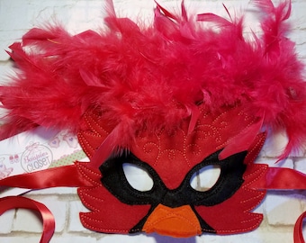 Feathered Cardinal Mask, Red Cardinal Bird Mask, Feathered Bird, Cardinal Mask for Adults, Cardinal Masks for Kids, Custom Exotic Bird Mask