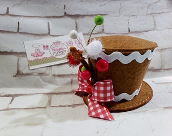 Gingerbread Mini Top Hat: Holiday Gingham Ribbon Felt Hat
