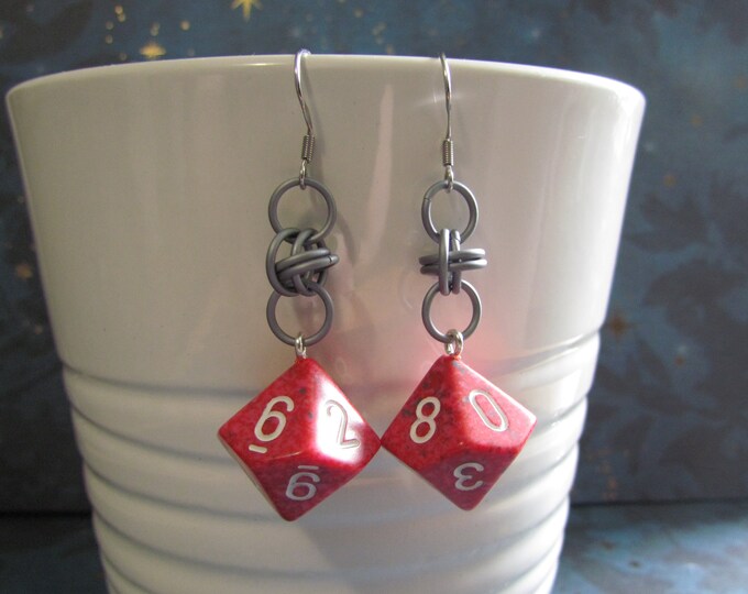 Red Speckle d10 Chainmail Earrings STAINLESS STEEL HOOKS