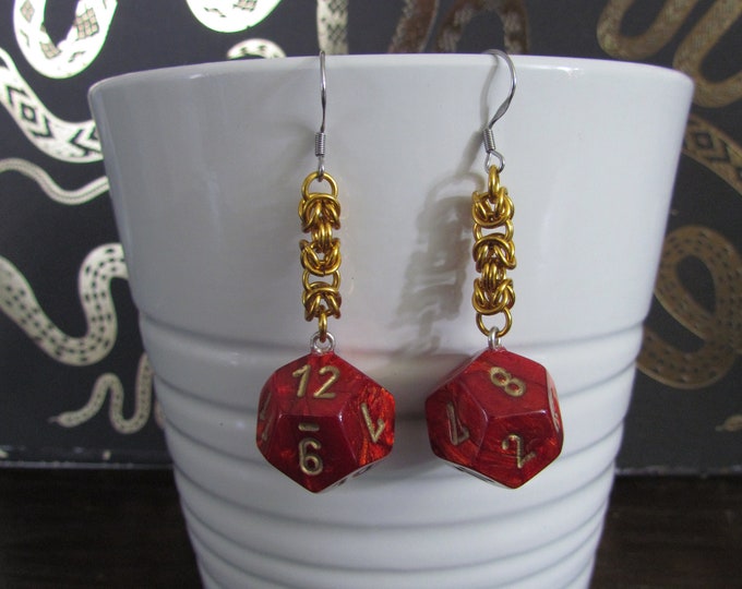 Metallic Red d12 Chainmail Earrings STAINLESS STEEL HOOKS