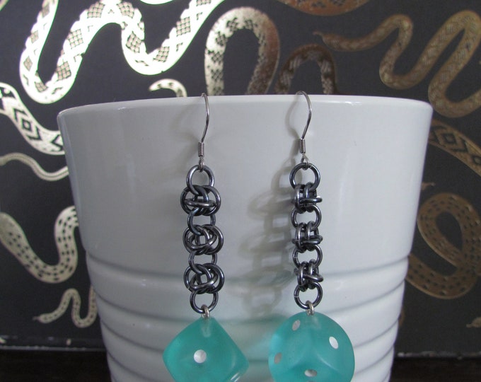 Frosted Teal d6 Chainmail Earrings STAINLESS STEEL HOOKS