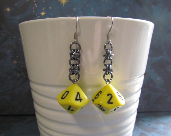 Opaque Yellow/Black d10 Chainmail Earrings STAINLESS STEEL HOOKS