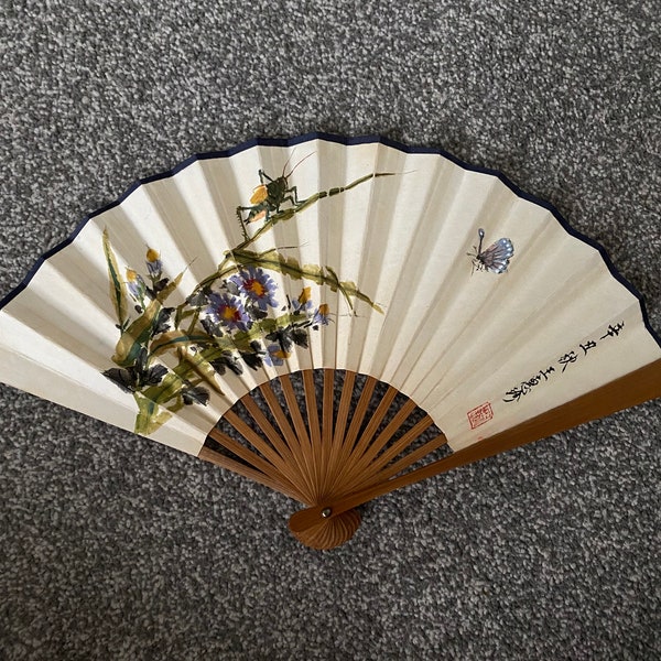 Hand painted Asian Art Chinese Watercolour Folding Wooden Fan - Grasshopper and Butterfly