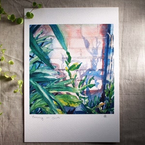 Balcony at dusk, garden painting, watercolor plants, high quality print A4 Cool balcony evening