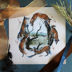 Winter Fox Print, pittura di paesaggio invernale, mini stampa di Natale - 'Midwinter Frolic', 15 x 15 cm, biglietti di Natale volpe, stampa mitologica