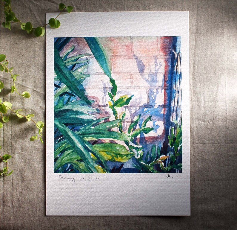 Balcony at dusk, garden painting, watercolor plants, high quality print A4 Cool balcony evening