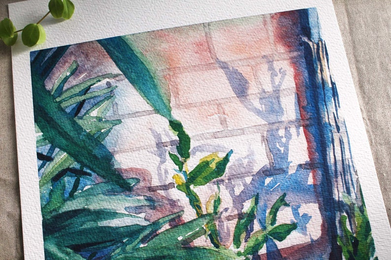 Balcony at dusk, garden painting, watercolor plants, high quality print A4 image 3