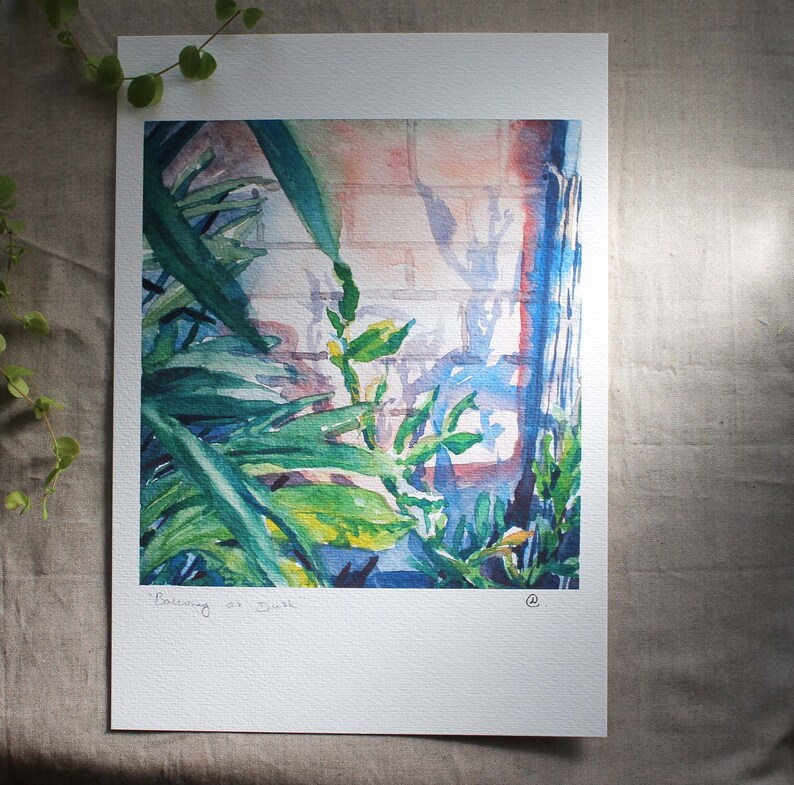 Balcón al atardecer, cuadro de jardín, plantas de acuarela, impresión de alta calidad A4 imagen 5