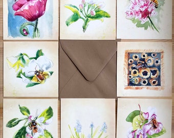 Watercolour flower notecards, set of 8, Bee and Bloom, recycled envelopes, giftcards, mini cards watercolor plants