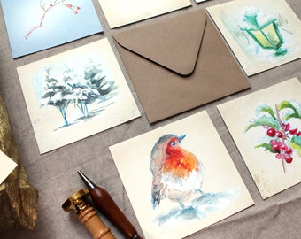Winter notecard set, set of 7, nature notecards, recycled envelopes, giftcards, watercolor writing set