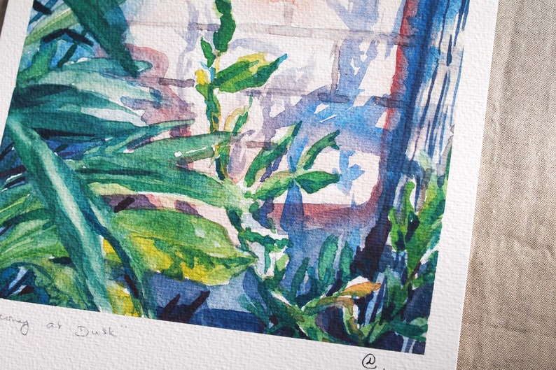 Balcony at dusk, garden painting, watercolor plants, high quality print A4 image 6