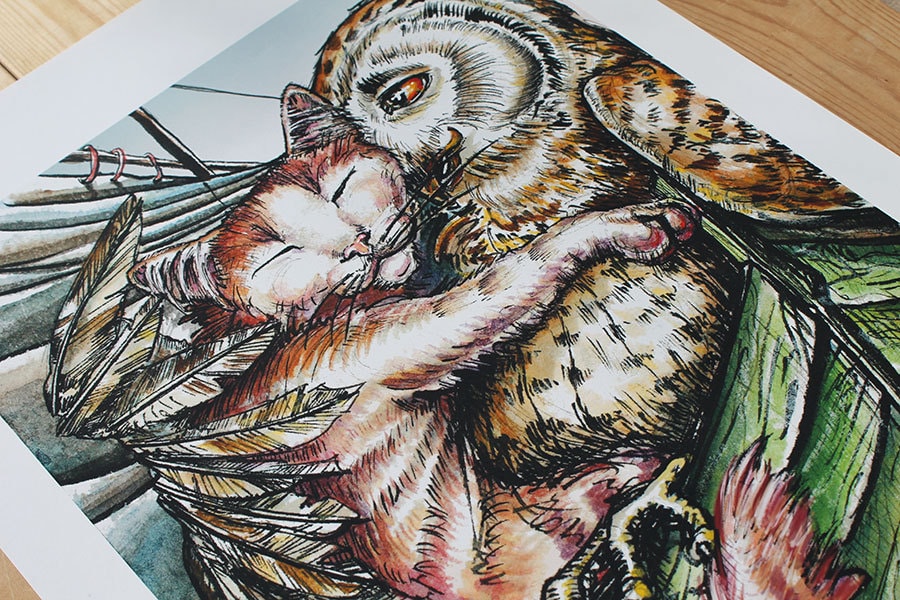 Owl and the Pussycat art print, A3, illustration print, engagement gift, wedding gift, nursery art,