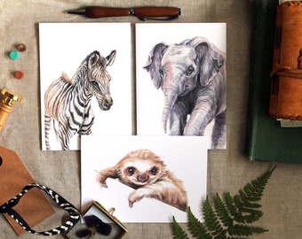 Baby safari animals, blank cards with envelopes set, set of 3, stationery set, world animals