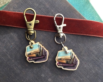Book lover keychain, keyring and bag charm, sustainable wood charm, illustrated charm