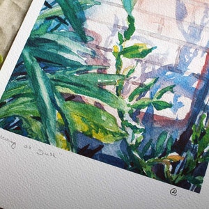 Balcony at dusk, garden painting, watercolor plants, high quality print A4 image 4