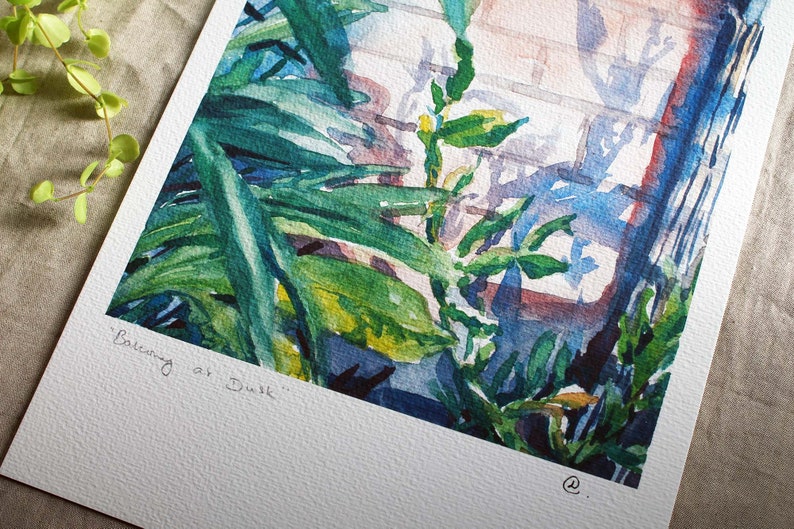 Balcony at dusk, garden painting, watercolor plants, high quality print A4 image 4