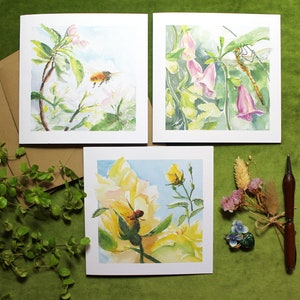 Aquarel bloemen kaartenset, x 6 blanco dubbele kaarten met kraft enveloppen