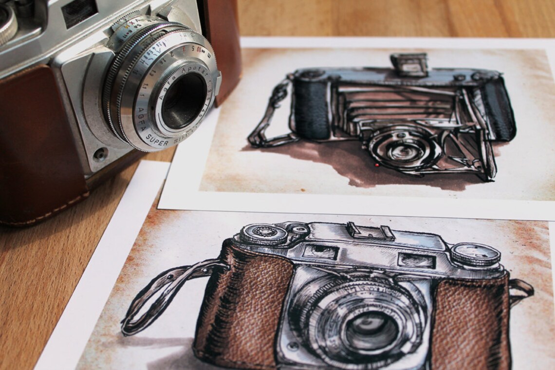 Vintage Camera Prints Set X 2 Retro Illustrations Vintage Etsy