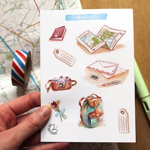 Foglio di adesivi Wanderlust, adesivi di carta ecologica A6, adesivi per pianificatore, adesivi con illustrazioni di viaggio per posta ordinaria