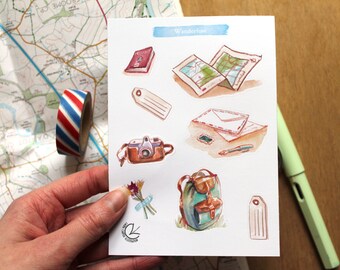 Wanderlust sticker sheet, A6 eco-friendly paper stickers, planner stickers, travel illustration stickers for snail mail