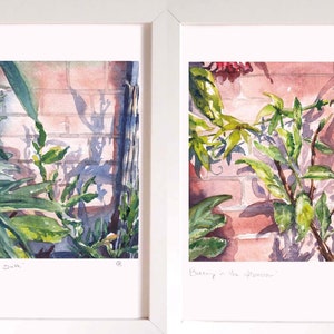 Balcony at dusk, garden painting, watercolor plants, high quality print A4 Set of both prints