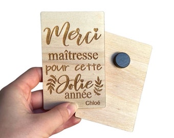 Magnet en bois gravé merci maîtresse, cadeau nounou, atsem, crèche, aimant rectangle en bois, cadeau original fête des écoles, personnalisé