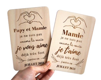 Carte en bois annonce bébé, annonce grossesse originale, carte annonce futur papy/mamie, cadeau personnalisée demande parrain/marraine, bébé