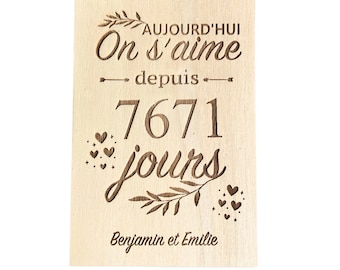 Carte "Aujourd’hui je t’aime depuis... jours" cadeau couple amour, personnalisé, cadeau gravure bois, cadeau rencontre, anniversaire mariage