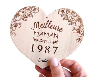 Carte personnalisable en bois coeur "Meilleure Maman depuis -cadeau fête des mères, je t'aime maman, bonne fête maman, date, prénoms enfants