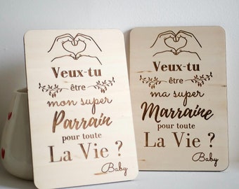 Carte bois personnalisable veux-tu être mon/ma super-demande Parrain/Marraine-annonce bébé, annonce grossesse,carte annonce-cadeau originale