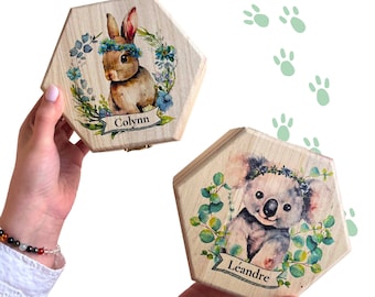 Boîte de naissance colorée avec motif animaux, cadeau original de naissance bébé, grossesse, boîte en bois personnalisée, coffret souvenirs