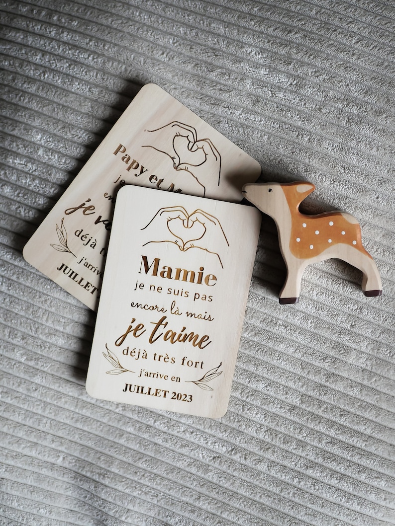 Carte en bois annonce bébé, annonce grossesse originale, carte annonce futur papy/mamie, cadeau personnalisée demande parrain/marraine, bébé image 2
