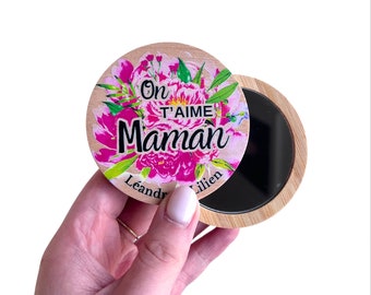 Miroir de poche bonne fête on t'aime maman-cadeau maman personnalisable-idée cadeau fête des mères originale-je t'aime maman-prénoms enfants