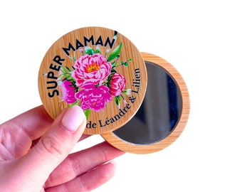 Miroir de poche bonne fête maman - cadeau maman personnalisable - idée cadeau fête des mères originale - je t'aime maman - prénoms enfants