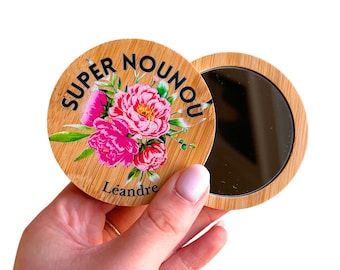 Miroir de poche pivoine- cadeau nounou, maîtresse, prof personnalisable - idée cadeau original école - merci nounou, atsem - prénoms enfants