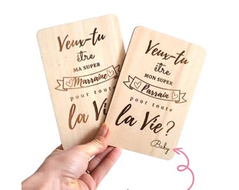 Wooden engraved card do you want to be my/my super godfather/godmother? baby announcement, pregnancy announcement, request godmother sponsor