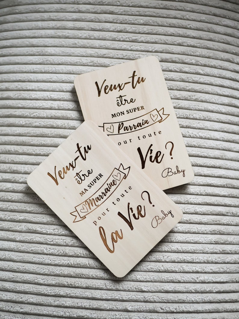 Carte gravée bois : veux-tu être mon/ma super parrain/marraine ? annonce bébé, annonce grossesse, carte annonce, demande parrain marraine image 4