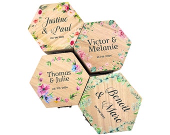 Boîte porte alliances cérémonie mariage personnalisable nom et date - Boîte à bagues de fiançailles, cadeau d'anniversaire, écrin en bois