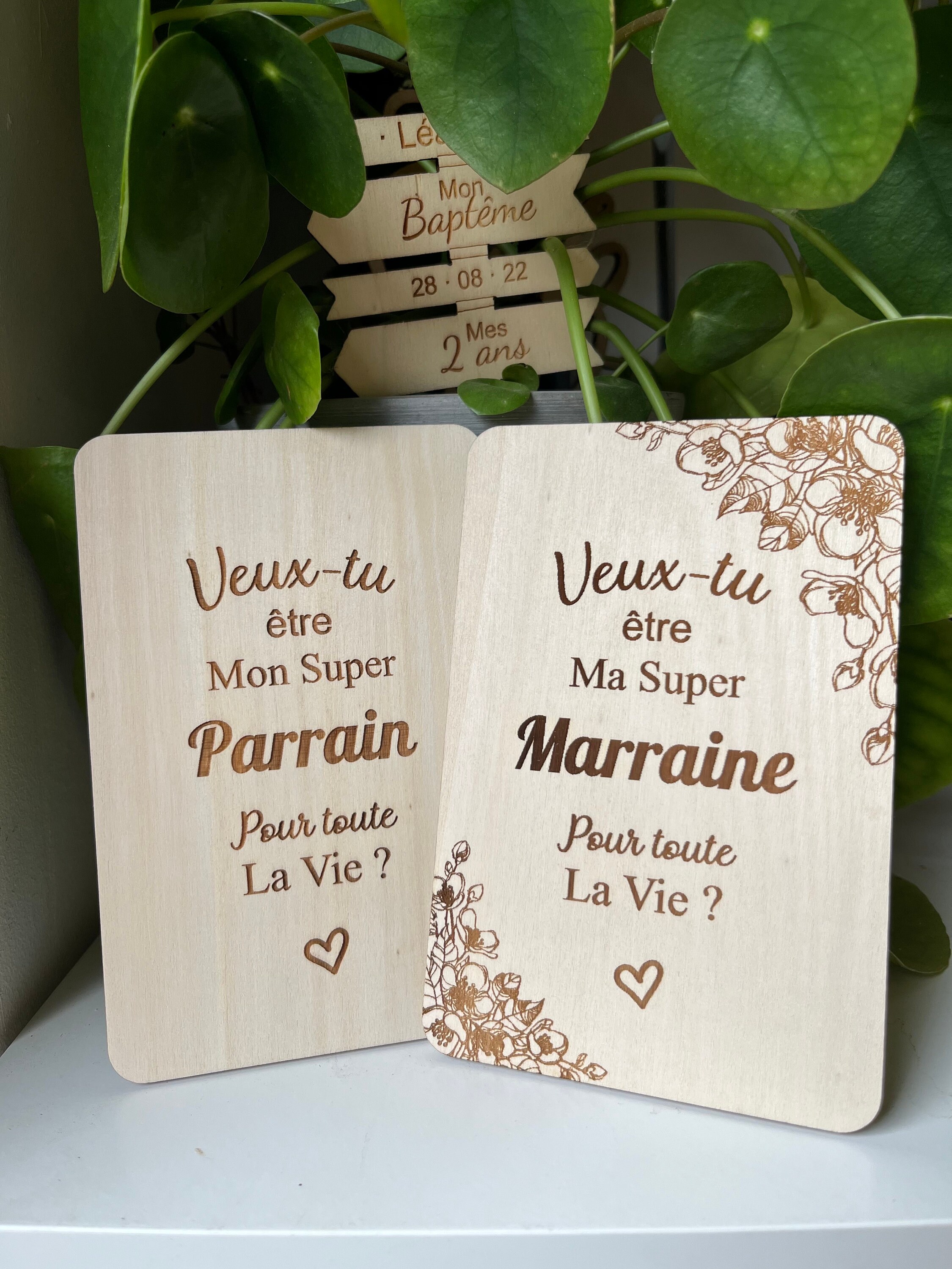 Carte Annonce Marraine En Bois Naturel - Éléphant Gravé - Cadeau Original Grossesse & Naissance Pour Futur Marraine Ou Parrain