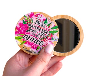 Miroir de poche floral - cadeau nounou, maîtresse, prof personnalisable - idée cadeau original école - merci nounou, atsem - prénoms enfants