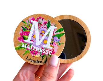 Miroir de poche lettrine - cadeau nounou, maîtresse, personnalisable - idée cadeau original école - merci nounou, atsem - prénoms enfants