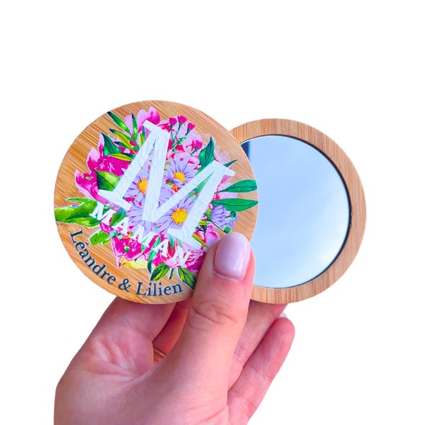 Miroir de poche bonne fête maman lettrine-cadeau maman personnalisable -idée cadeau fête des mères originale-je t'aime maman-prénoms enfants