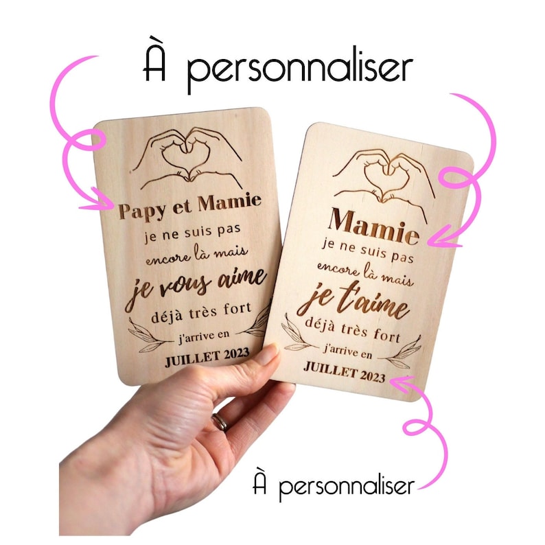 Carte en bois annonce bébé, annonce grossesse originale, carte annonce futur papy/mamie, cadeau personnalisée demande parrain/marraine, bébé image 3
