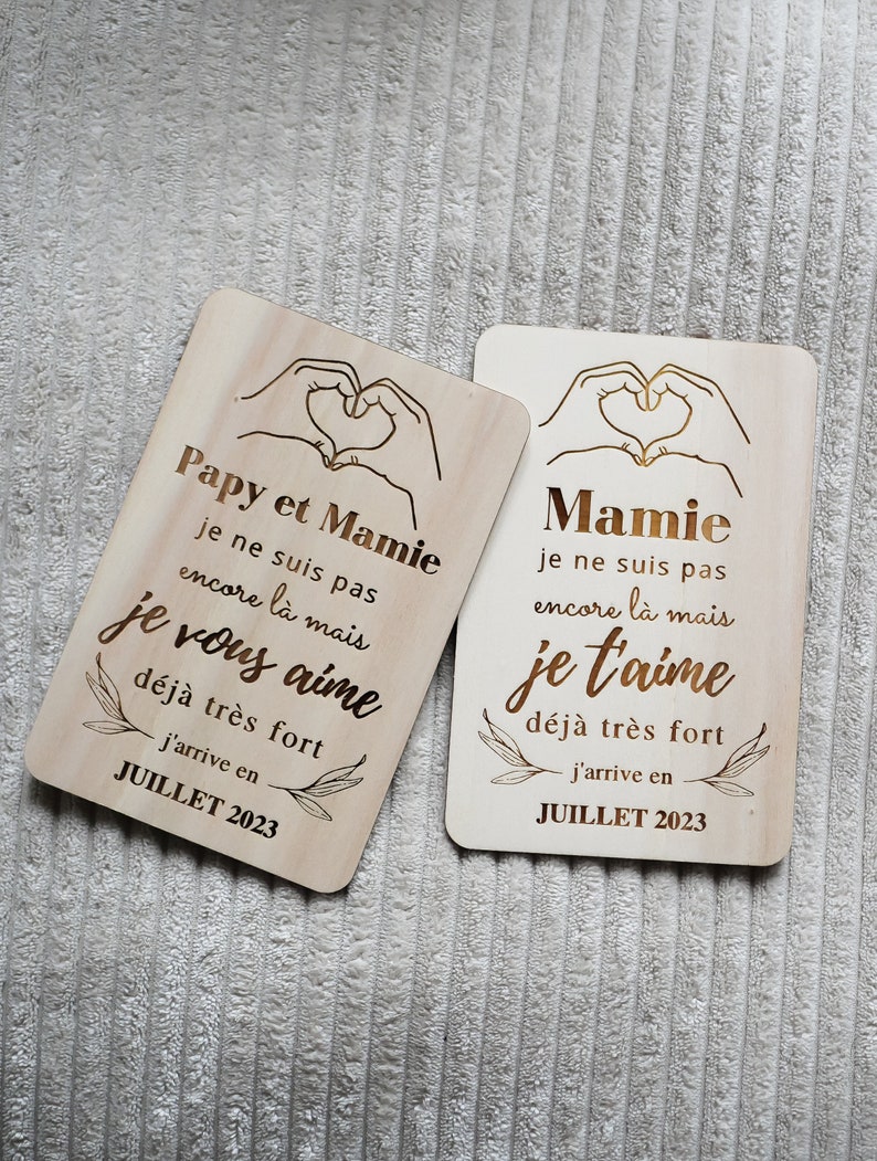 Carte en bois annonce bébé, annonce grossesse originale, carte annonce futur papy/mamie, cadeau personnalisée demande parrain/marraine, bébé image 5